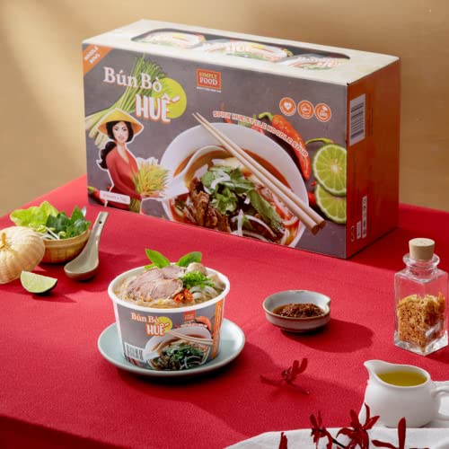 SIMPLY FOOD Instant Spicy Hue Styled Rice Vermicelli Noodles (Bún Bò Huế) - 9 BOWLS/ 72g each – Thin, White, Round, Rice Vermicelli Noodles in a Spicy Hue Styled Broth