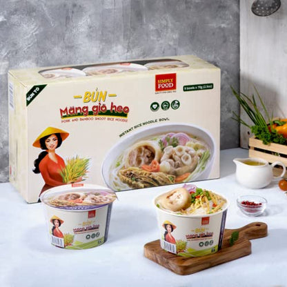 SIMPLY FOOD Instant Pork and Bamboo Shoot Rice Vermicelli Noodles (Bún Măng Giò Heo) - 9 BOWLS/ 70g each – Thin, White, Round, Rice Vermicelli Noodles in a Delicious Pork and Bamboo Shoot Broth