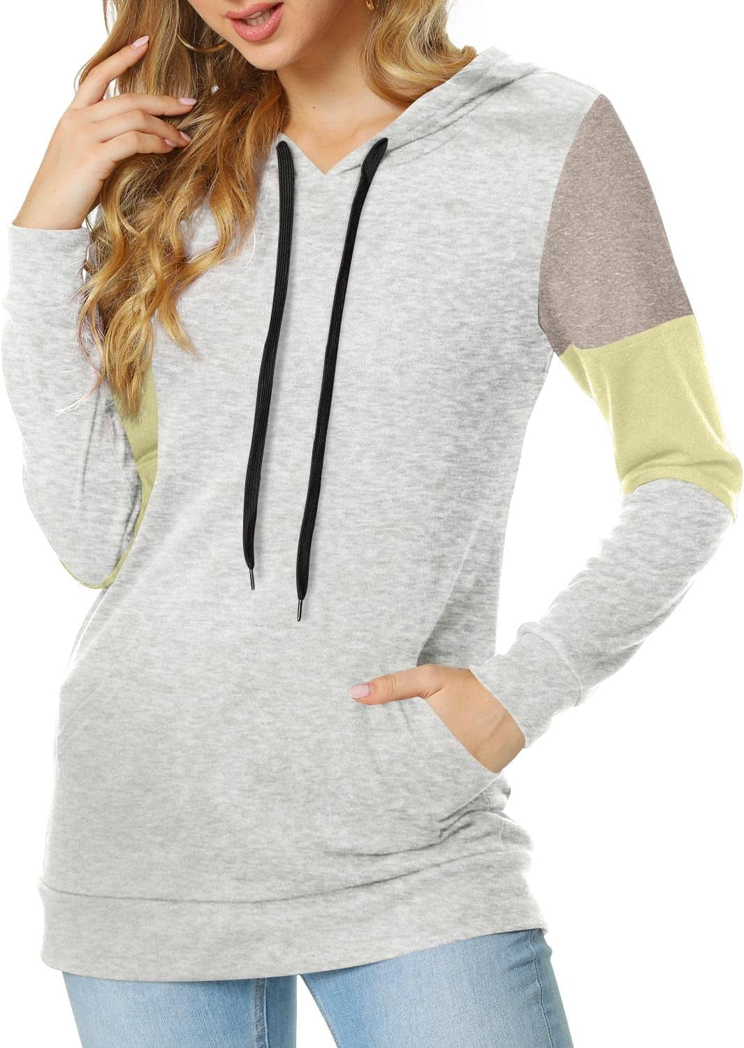 Women'S Casual Drawstring Pullover Tunic Top Long Sleeve Color Block Hoodie Sweatshirts with Pocket