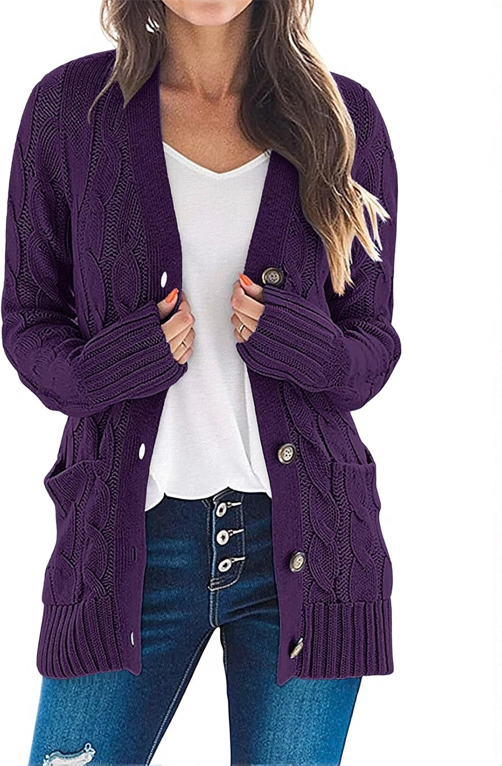 Women'S 2025 Fall Long Sleeve Cable Knit Sweater Open Front Cardigan Button Loose Outerwear