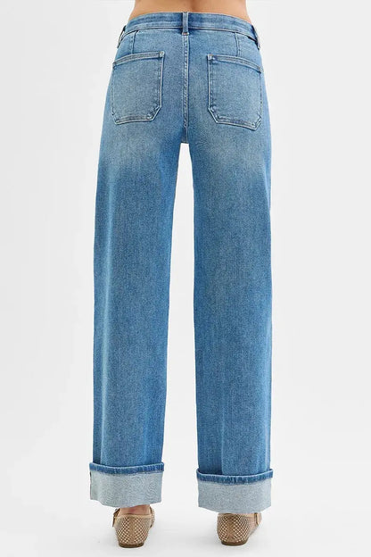 Full Size Elastic Band Mid Rise Wide Front Patch Pocket Cuff RISEN Jeans