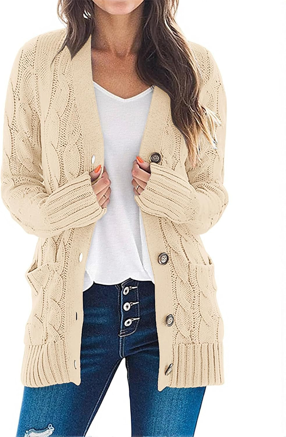Women'S 2025 Fall Long Sleeve Cable Knit Sweater Open Front Cardigan Button Loose Outerwear