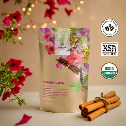 Organic Serenity Glow Herbal Tea with Tulsi & Rooibos, Metabolism Support - Stress Relief - Caffeine Free - 55+ Cups - USDA Organic & Kosher - 4 oz (113g)