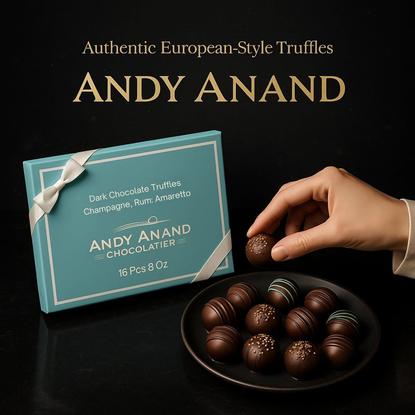 Andy Anand Chocolatier Gluten Free Belgian Dark Chocolate Truffles Gift Box - All-Natural Champagne, Rum, Amaretto, & Black Forest Flavors, Dark Chocolate Liqueur Center Filled Truffles (16 Pcs, 8 Oz)