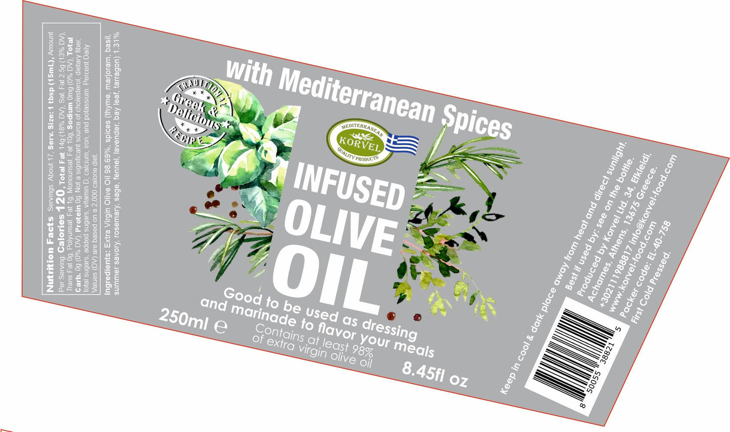 KORVEL Greek Extra Virgin Olive Oil with Mediterranean herbs, Amphora 8.45 fl oz (250ml) - 6 pack