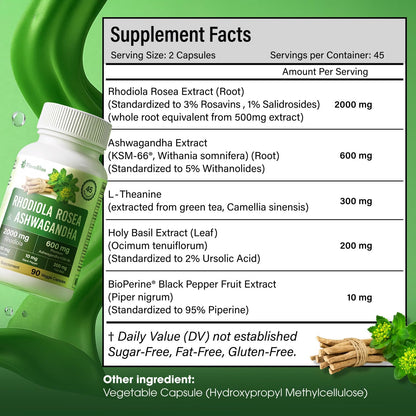 Rhodiola Rosea 2000mg with Ashwagandha KSM-66, L-Theanine, Holy Basil & BioPerine - High Potency Vegan Capsules