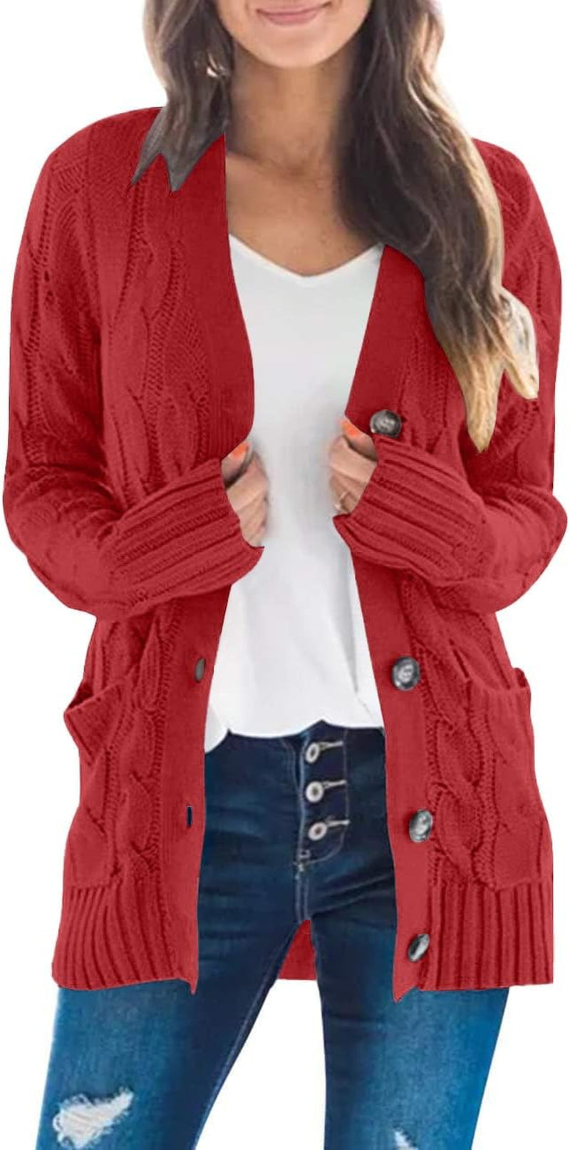 Women'S 2025 Fall Long Sleeve Cable Knit Sweater Open Front Cardigan Button Loose Outerwear