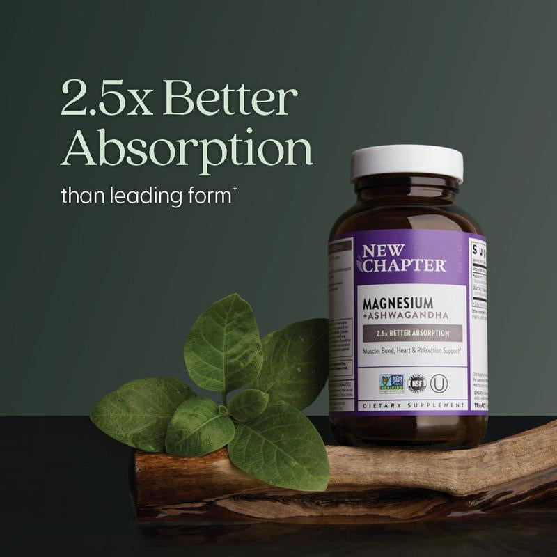 New Chapter Magnesium + Ashwagandha Supplement | 325 Mg with Magnesium Glycinate, 2.5X Absorption, Muscle Recovery, Heart, Bone Health & Relaxation - 30Ct