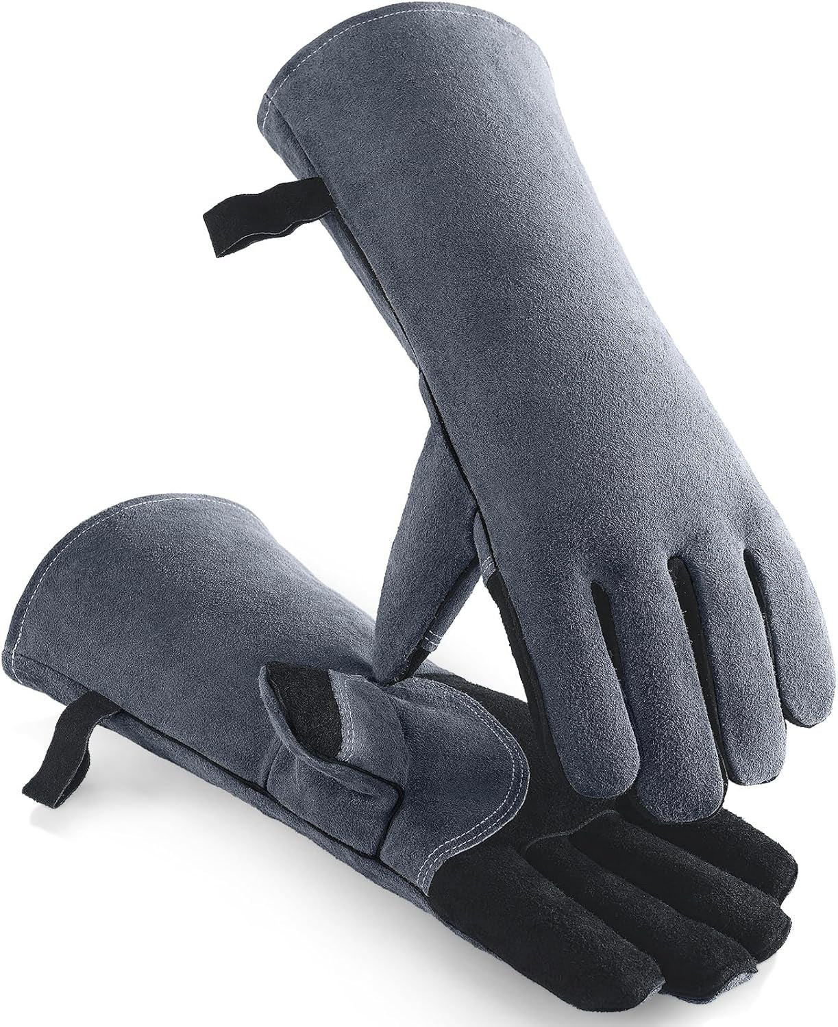 932°F Heat Resistant Welding Gloves 16 Inches Cowhide Leather - Long Sleeve and Insulated Lining BBQ Glove for Tig Welder/Mig/Grill/Barbecue/Stove Black-Gray