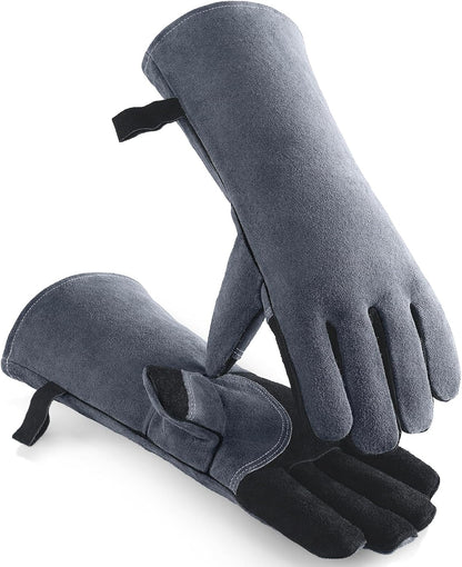 932°F Heat Resistant Welding Gloves 16 Inches Cowhide Leather - Long Sleeve and Insulated Lining BBQ Glove for Tig Welder/Mig/Grill/Barbecue/Stove Black-Gray