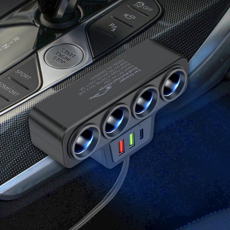120W Car 4-Socket Adapter with PD Fast Charge,Qc3.0 & PD 3 Charging Ports, Super Fastcharger Adapter for 12V/24V Vehicles