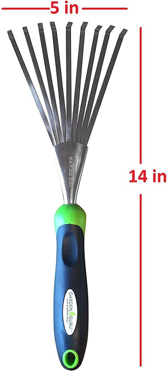 Garden Guru Stainless Steel Hand Rake Soil Tiller with Ergonomic Handle, Great for Gardening, Cultivating, Loosening Soil & Spreading Mulch, Raking Flower Beds