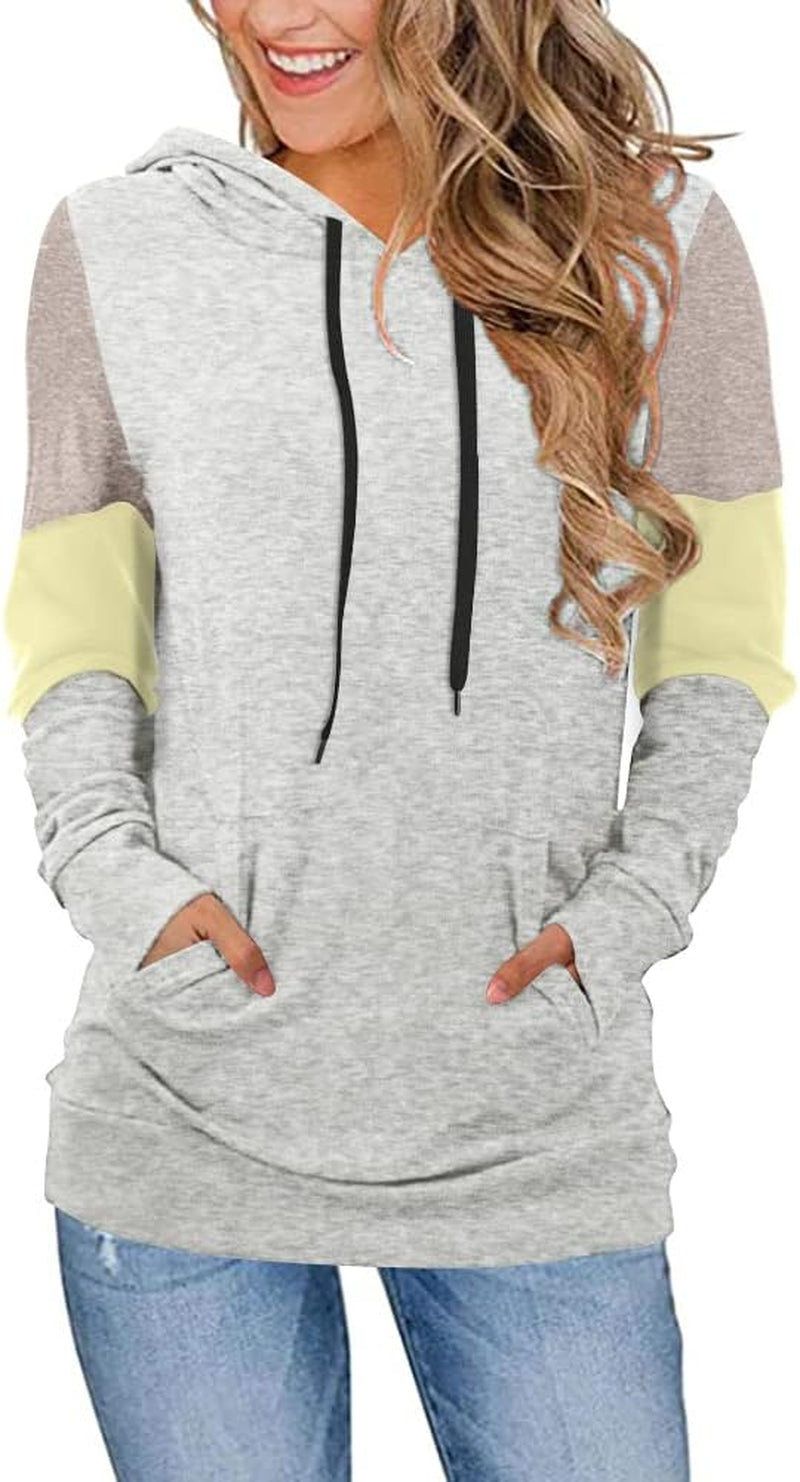 Women'S Casual Drawstring Pullover Tunic Top Long Sleeve Color Block Hoodie Sweatshirts with Pocket