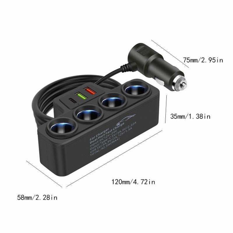 120W Car 4-Socket Adapter with PD Fast Charge,Qc3.0 & PD 3 Charging Ports, Super Fastcharger Adapter for 12V/24V Vehicles