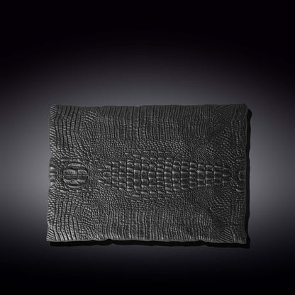 Wilmax Porcelain Set Of 2 Black Porcelain Slate look Rectangular Serving Dish With Crocodile Skin Texture. 11.75" inch X 8.25" inch