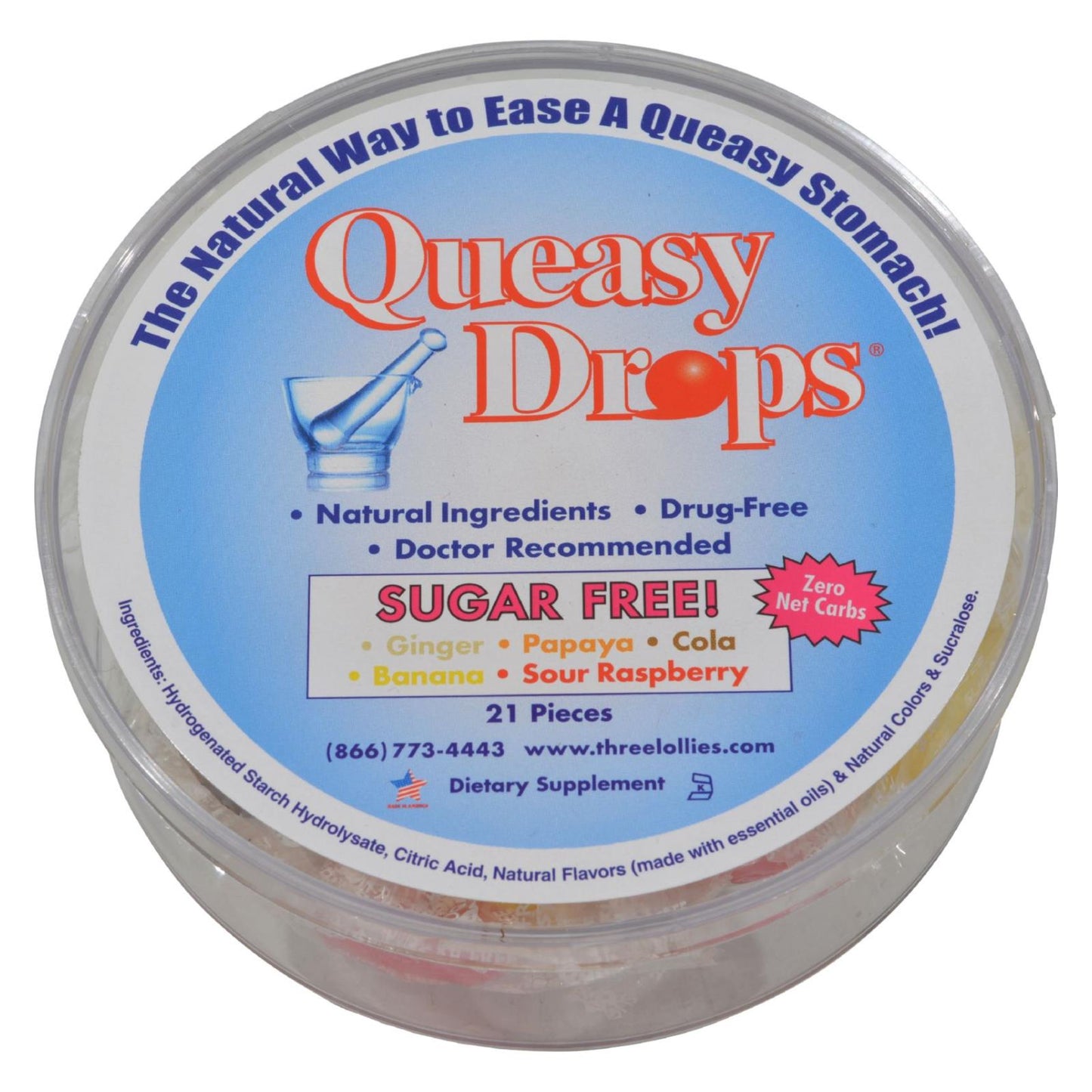 Queasy Drops: Ginger, Papaya, Cola, Banana, Raspberry - 21 pcs