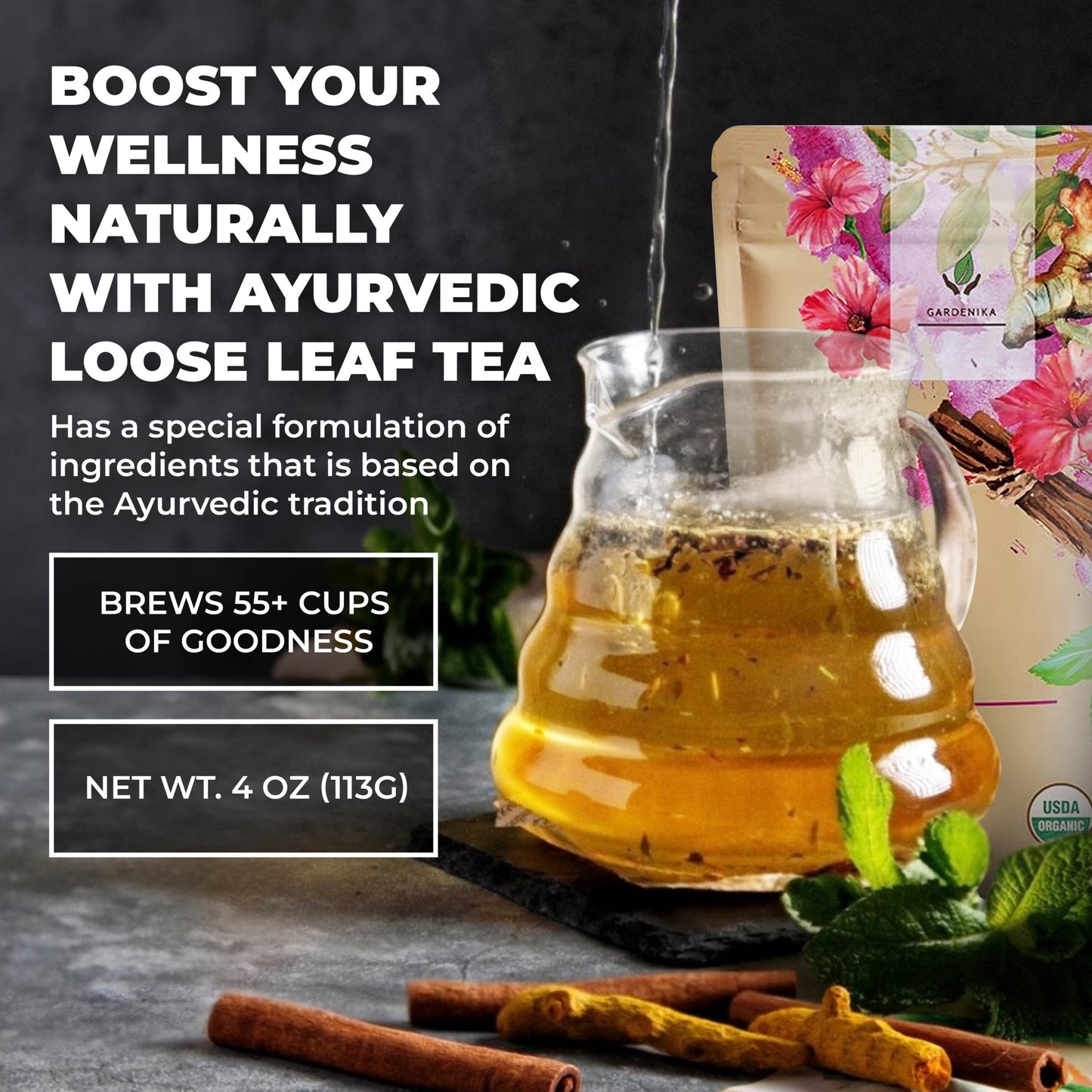 Organic Serenity Glow Herbal Tea with Tulsi & Rooibos, Metabolism Support - Stress Relief - Caffeine Free - 55+ Cups - USDA Organic & Kosher - 4 oz (113g)