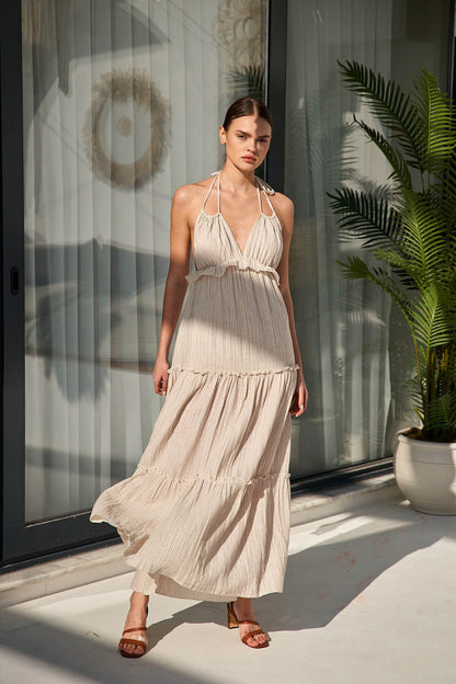 Neck Tie Ruffle Dress — Sand Stripe