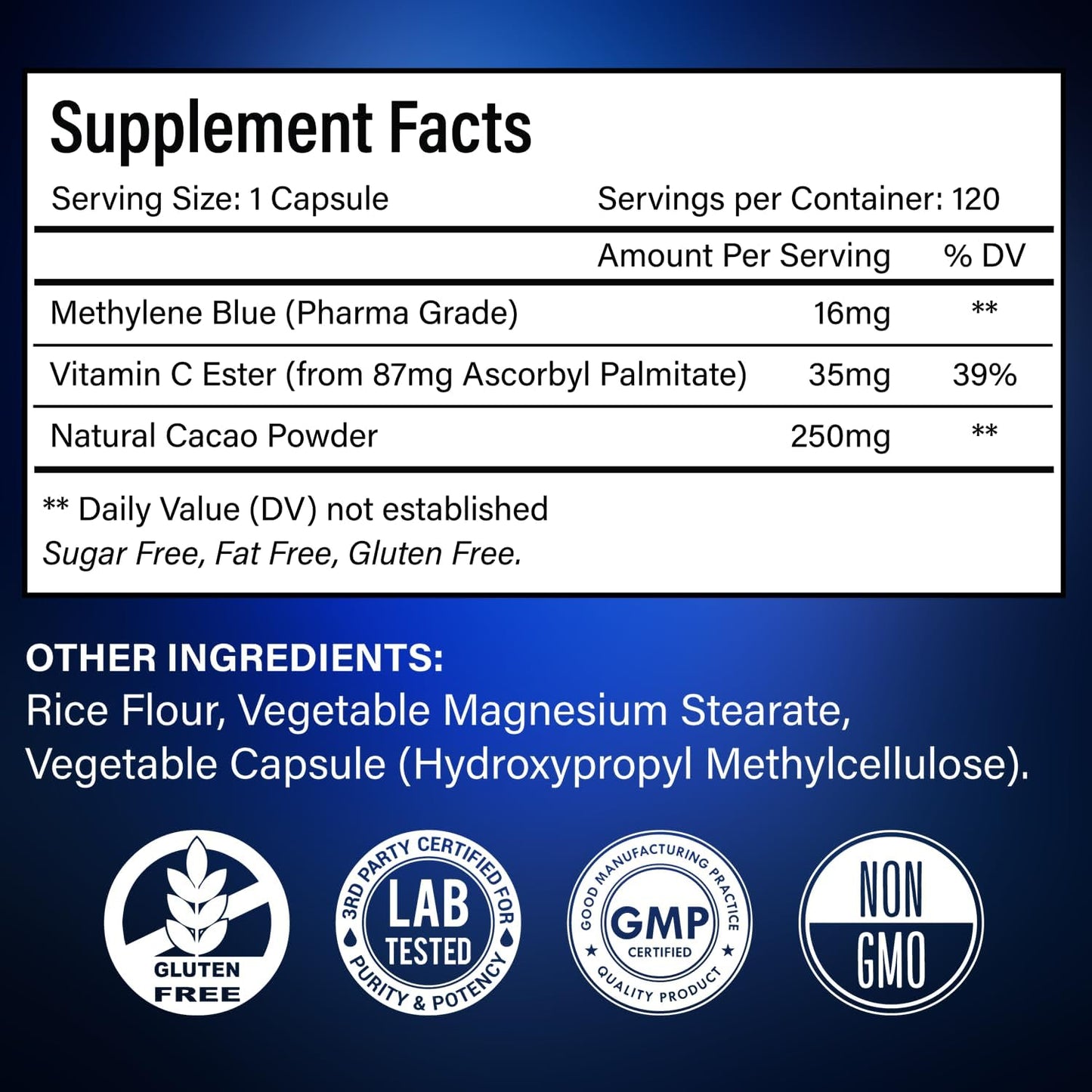 Methylene Blue Capsules - Natural Cacao and Vitamin C Ester for Added Support, Cognitive Supplement