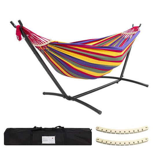 Double Hammock Set with Steel Stand,Brazilian Style Double Hammock Set with Steel Stand 450Lb Capacity Steel Stand, Premium Carry Bag Included, for Backyard, Camping,Garden Double Hammock Canvas Outdoor Patio,Heavy Duty Portable Hammock Stand