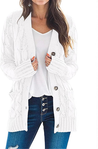 Women'S 2025 Fall Long Sleeve Cable Knit Sweater Open Front Cardigan Button Loose Outerwear