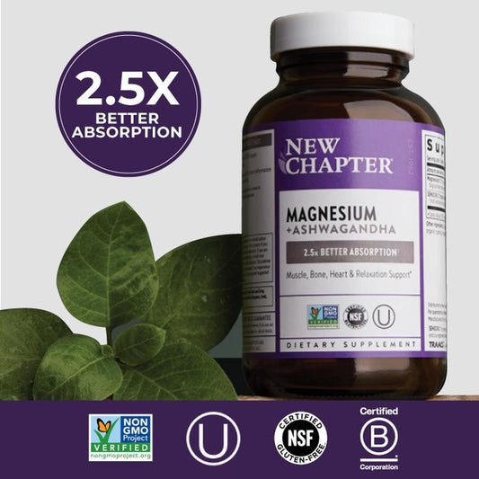 New Chapter Magnesium + Ashwagandha Supplement | 325 Mg with Magnesium Glycinate, 2.5X Absorption, Muscle Recovery, Heart, Bone Health & Relaxation - 30Ct
