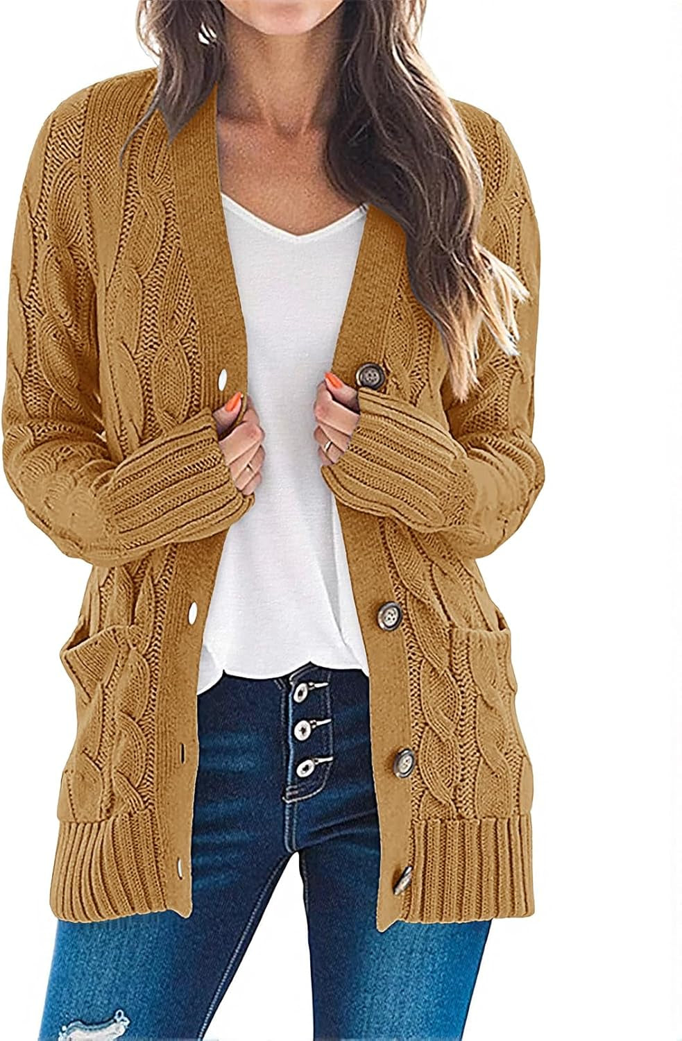 Women'S 2025 Fall Long Sleeve Cable Knit Sweater Open Front Cardigan Button Loose Outerwear