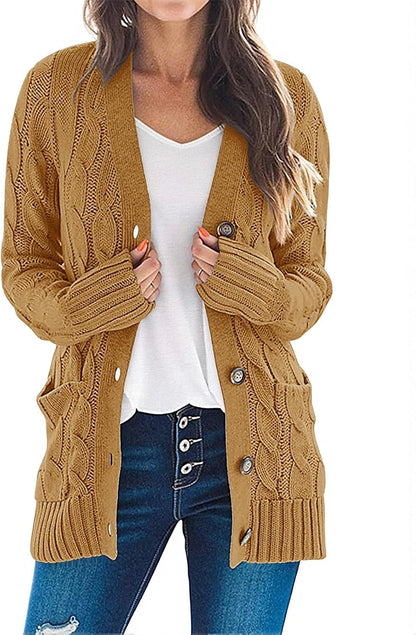 Women'S 2025 Fall Long Sleeve Cable Knit Sweater Open Front Cardigan Button Loose Outerwear