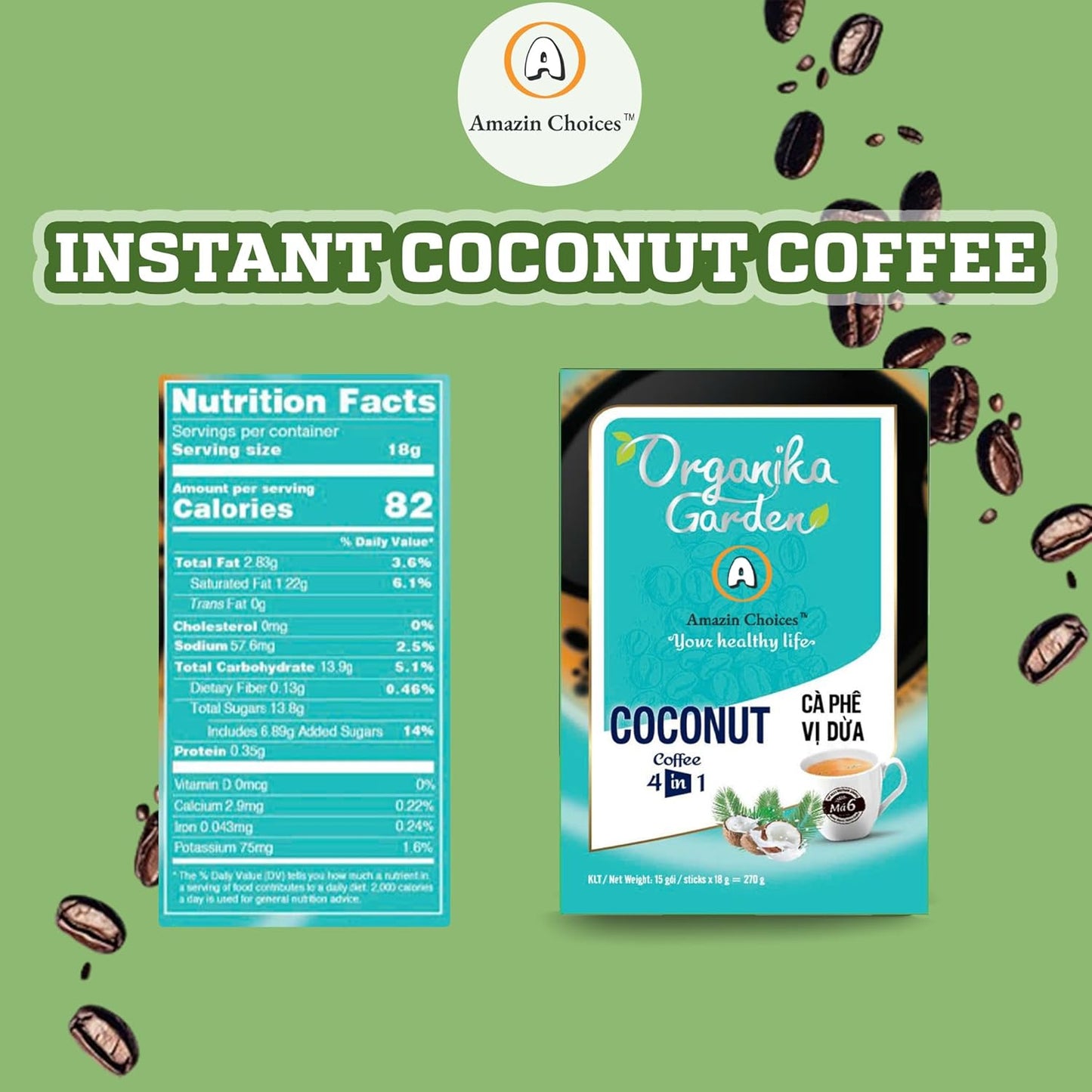 Amazin Choices Coconut Instant Coffee 4-in-1. 0.63 oz., 15 ct.