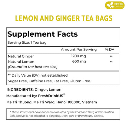 Premium Lemon Ginger Tea Bag, Eco-conscious Tea Bags. Lemon Ginger Herbal Tea. No Sugar, No Caffeine, No Gluten, Vegan.