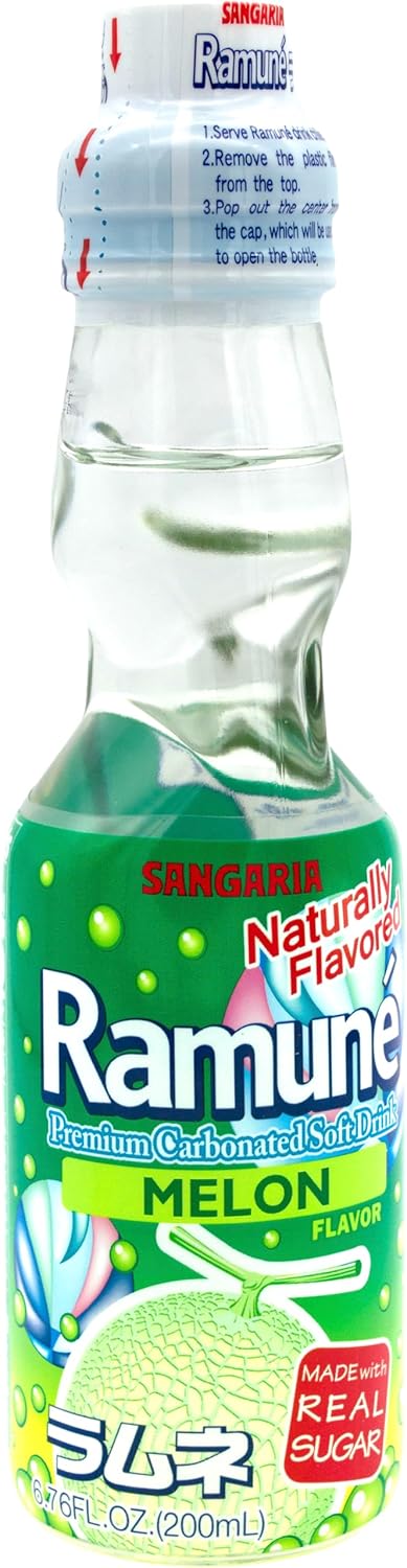 Snackathon Ramune Japanese Soda, Melon, 6.76 Fluid Ounce, Pack of 8, Glass Bottle