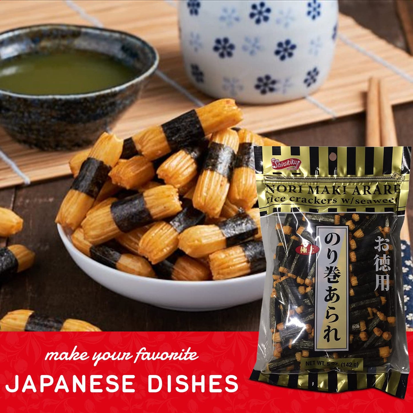 Shirakiku Nori Maki Arare - Japanese Seaweed Rice Crackers, Crispy & Savory (5 oz)