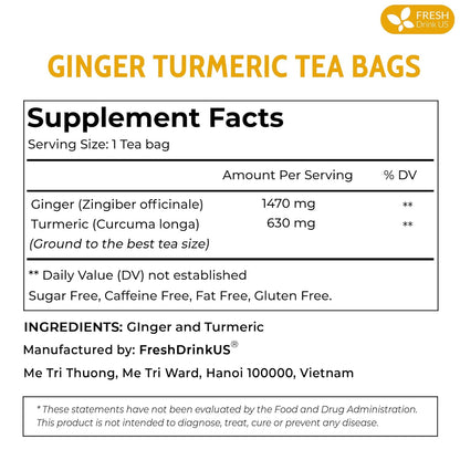Premium Ginger Turmeric Tea Bags, Hand-made Blend of Ginger and Turmeric Herbal Tea, Eco-conscious Tea Bags. No Sugar, No Caffeine, No Gluten, Vegan.