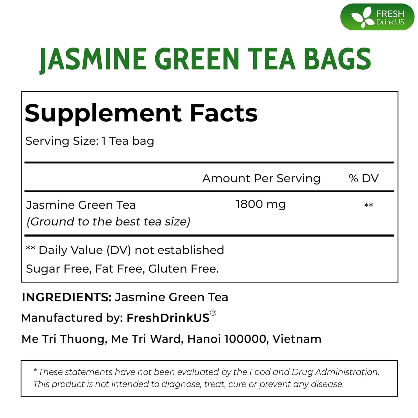 Premium Jasmine Green Tea Bags. Jasmine Green Herbal Tea. Made with Natural Material Tea Bags. No Sugar, No Gluten, Vegan.
