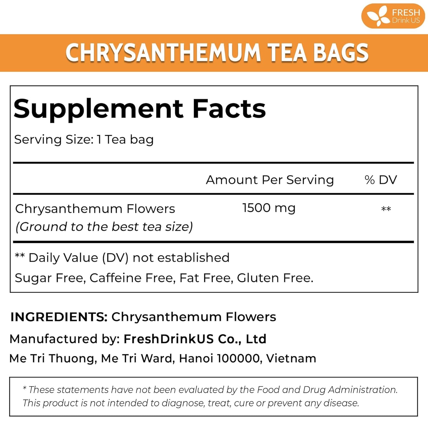 Premium Chrysanthemum Flower Tea Bags. Chrysanthemum Flower Herbal Tea. No Sugar, No Caffeine, No Gluten, Vegan.