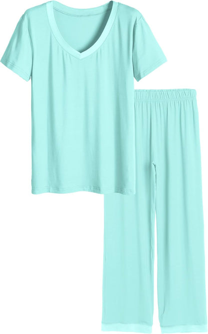 Women'S V-Neck Sleepwear Short Sleeves Top with Pants Pajama Set