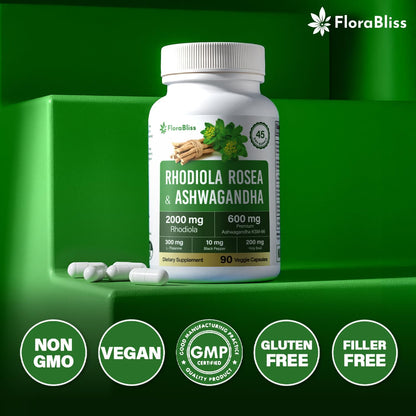 Rhodiola Rosea 2000mg with Ashwagandha KSM-66, L-Theanine, Holy Basil & BioPerine - High Potency Vegan Capsules