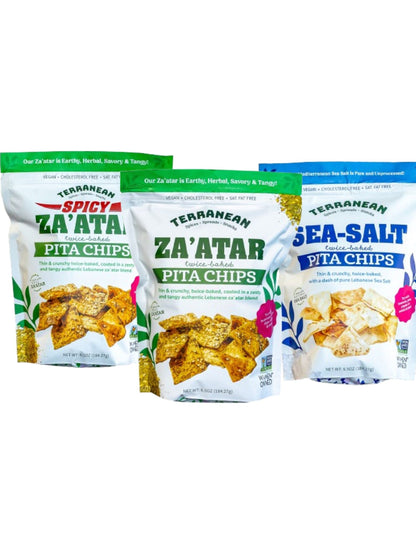 24 Pack Pita Chip Variety (8 Za'atar Pita Chips, 8 Spicy Za'atar Pita Chips, 8 Sea Salt Pita Chips)