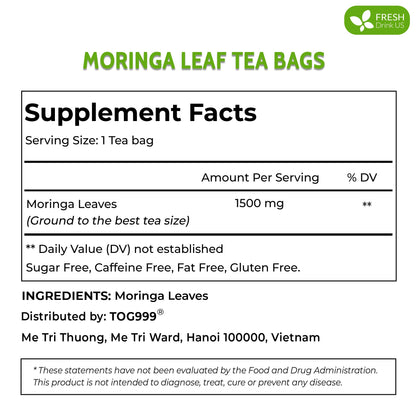 Moringa Leaf Tea Bags, 100% Natural & Pure from Moringa Leaves. Loose Leaf Moringa Herbal Tea. Moringa Leaf Tea. No Sugar, No Caffeine, No Gluten, Vegan