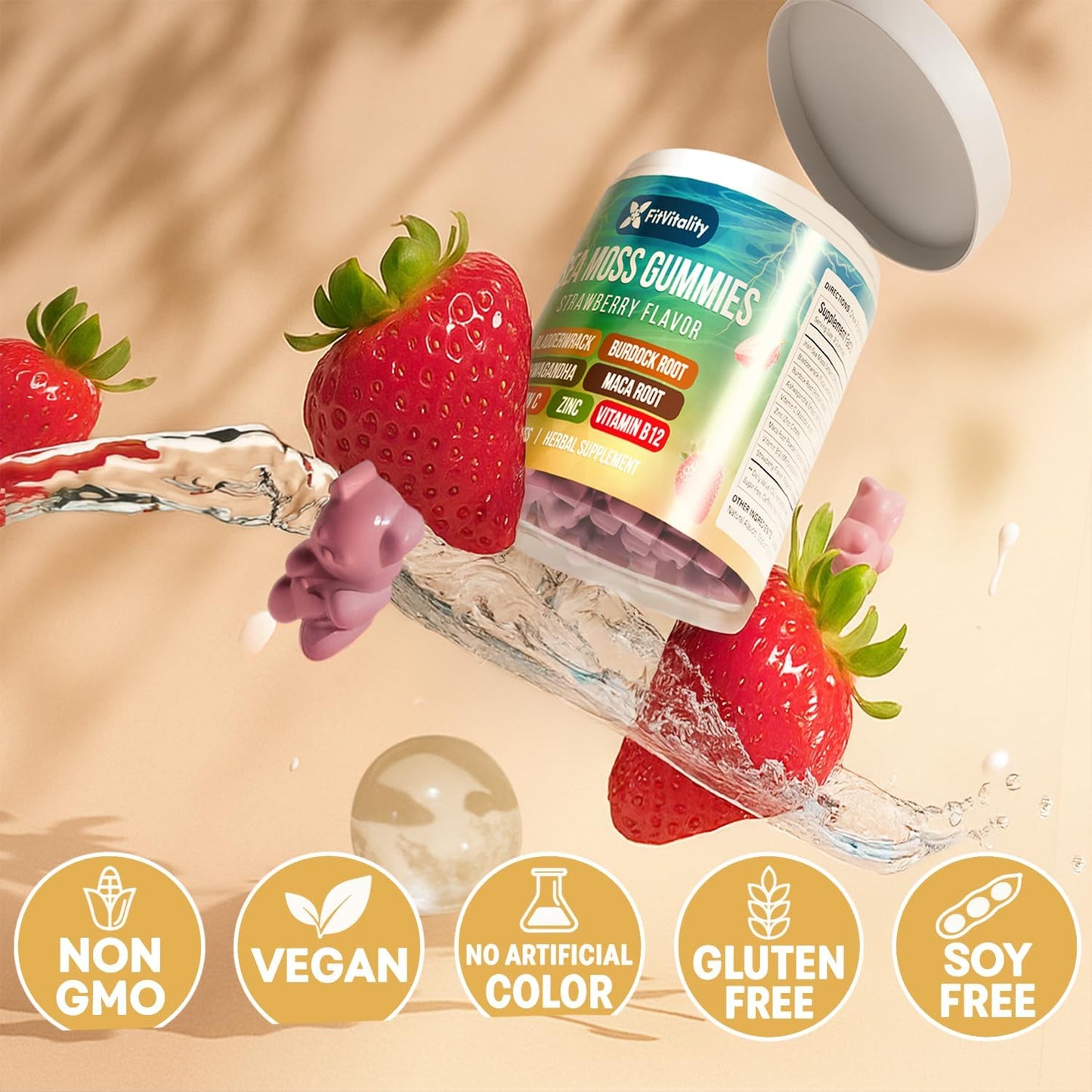 Sea Moss Gummies | Strawberry Flavor Vegan Gummies | Extra Rich 9-in-1 Formulation with Irish Sea Moss, Elderberry, Bladderwrack, Burdock, Ashwagandha, Maca, Zinc, B12 | Energy & Immune Support