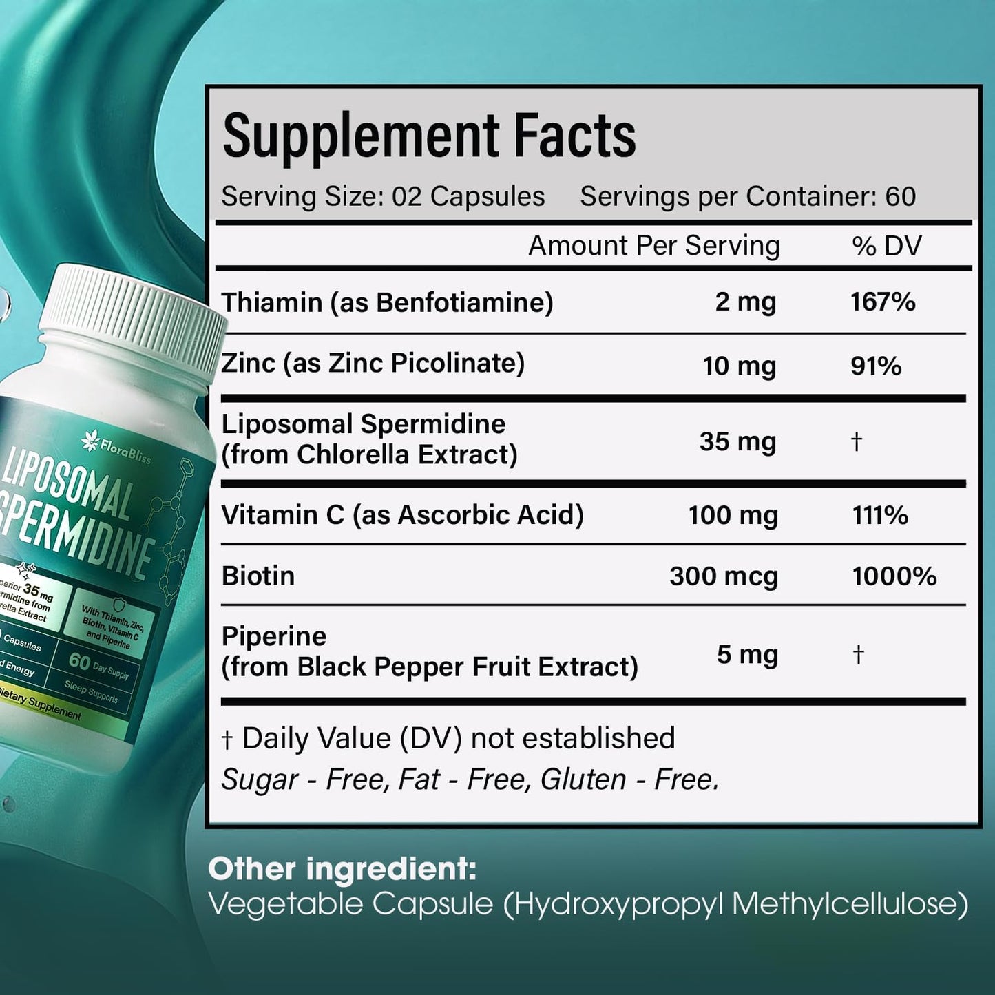 Spermidine Supplement from Chlorella with Thiamin, Zinc, Biotin, & Vitamin C | 120 Capsules | Gluten-Free for Cellular Renewal, Healthy Aging & Vitality Support | 60-Day Supply