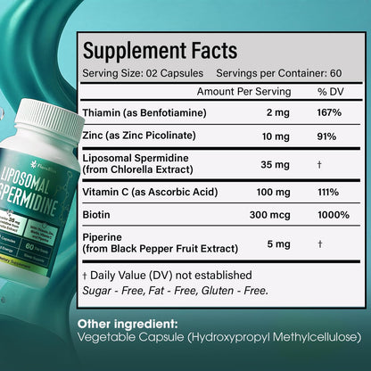Spermidine Supplement from Chlorella with Thiamin, Zinc, Biotin, & Vitamin C | 120 Capsules | Gluten-Free for Cellular Renewal, Healthy Aging & Vitality Support | 60-Day Supply