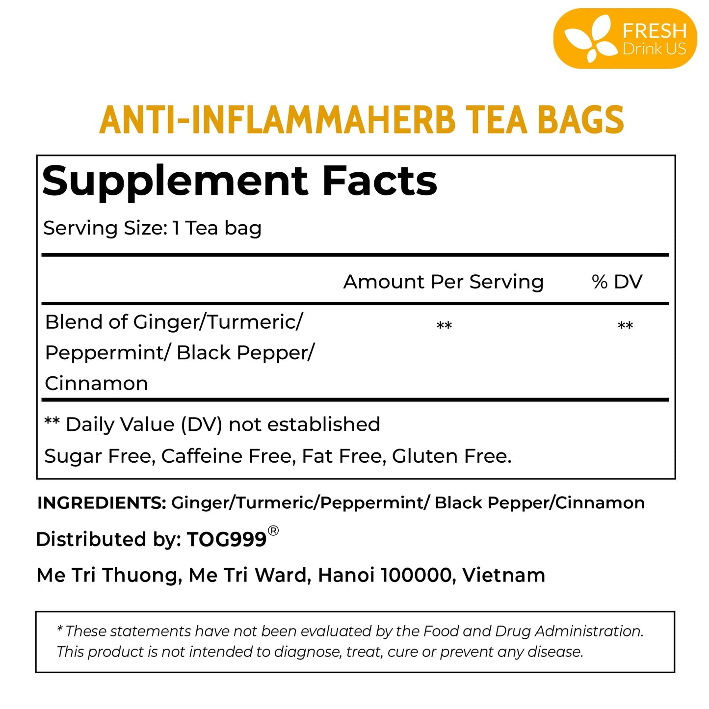 Anti-Inflammaheb Loose Leaf Tea, 100% Natural from Ginger, Turmeric, Peppermint, Black Pepper, Cinnamon