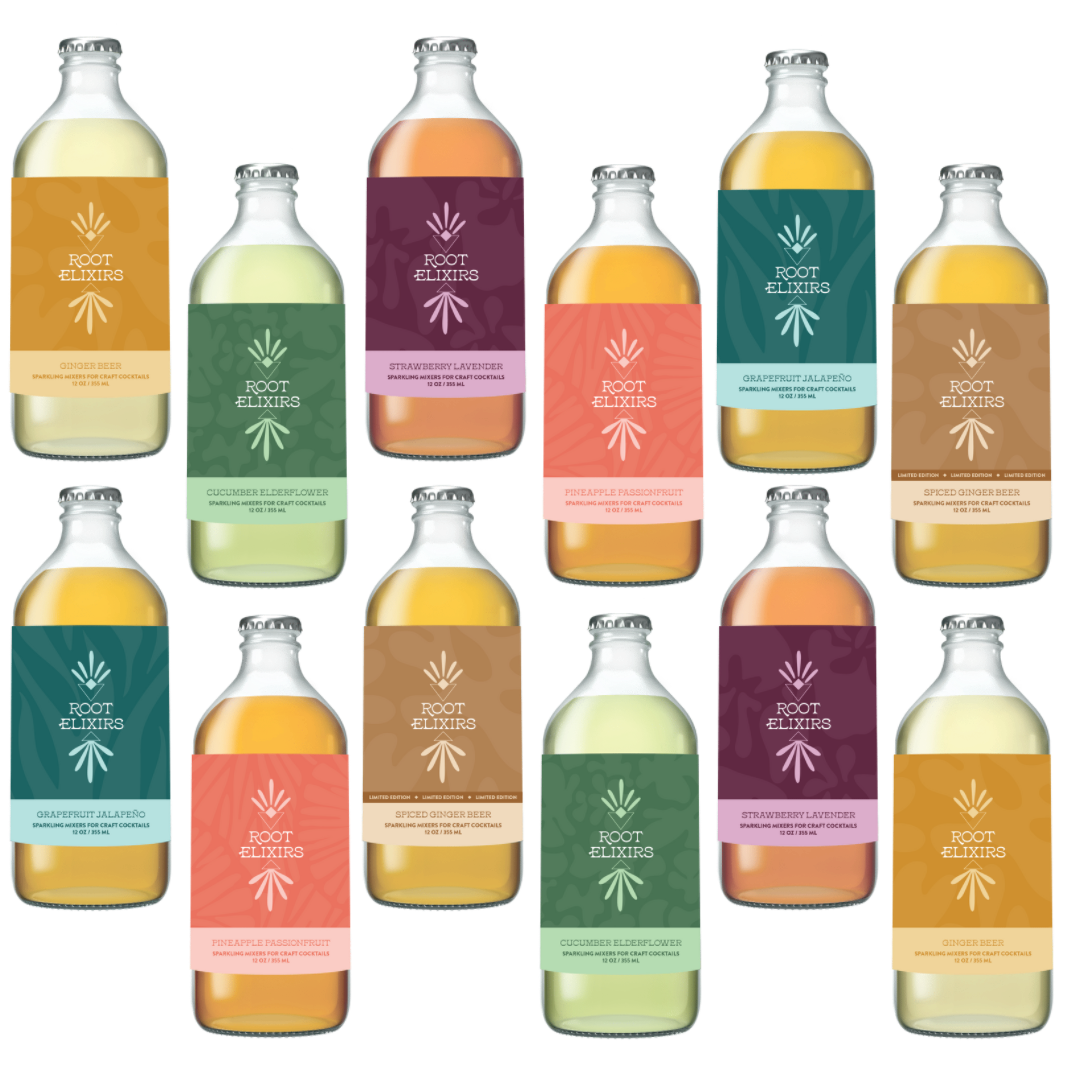 Root Elixirs Mix & Match 12 pack Bottles | Root Elixirs Sparkling Premium Cocktail Mixers Bottles - 12 pack x 12 oz bottles