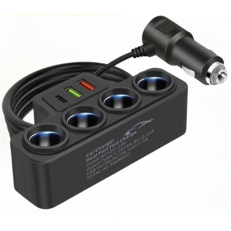120W Car 4-Socket Adapter with PD Fast Charge,Qc3.0 & PD 3 Charging Ports, Super Fastcharger Adapter for 12V/24V Vehicles