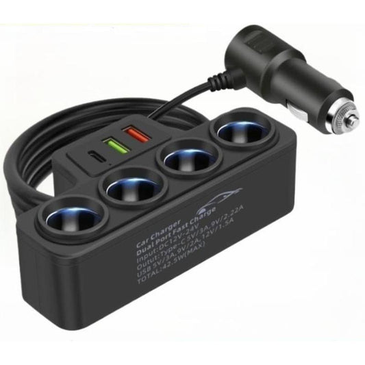 120W Car 4-Socket Adapter with PD Fast Charge,Qc3.0 & PD 3 Charging Ports, Super Fastcharger Adapter for 12V/24V Vehicles