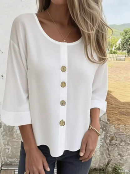 Button-Front 3/4 Sleeve Plus Size Casual Top