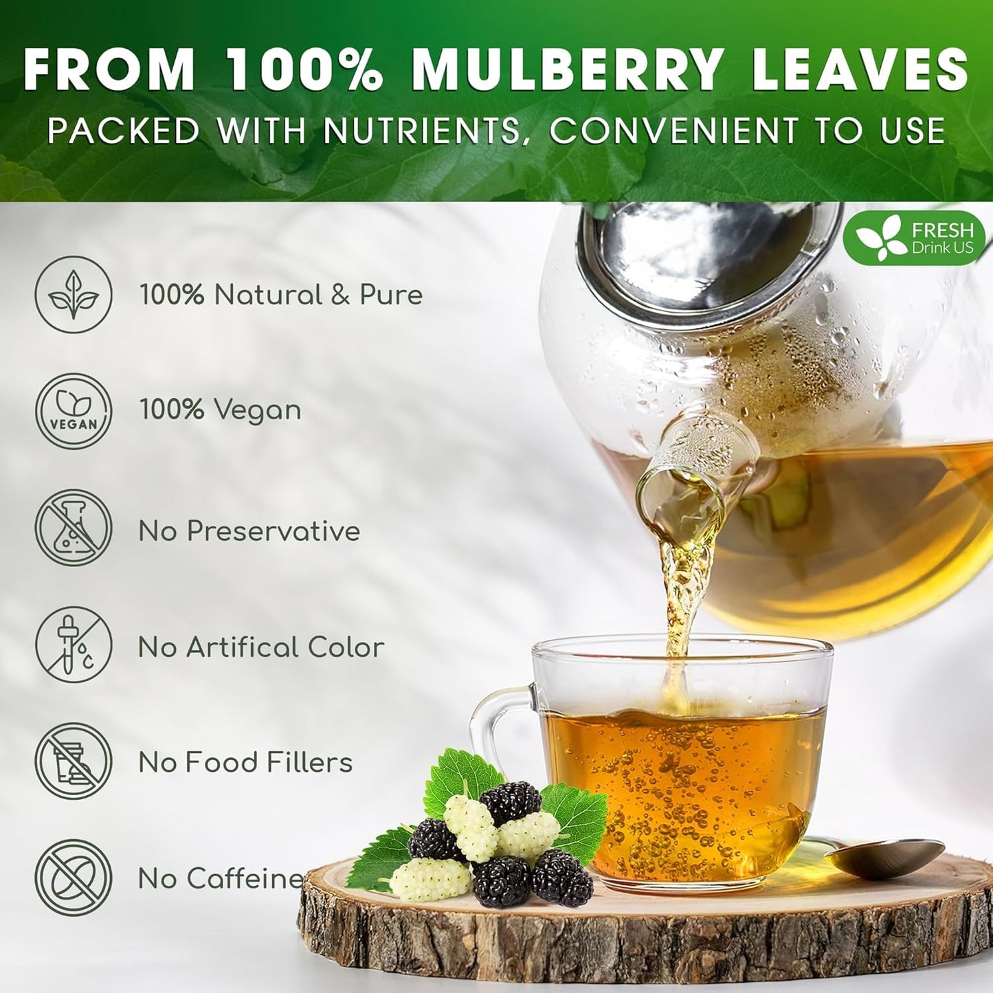 Premium Mulberry Leaf Tea Bags. No Sugar, No Caffeine, No Gluten, Vegan.