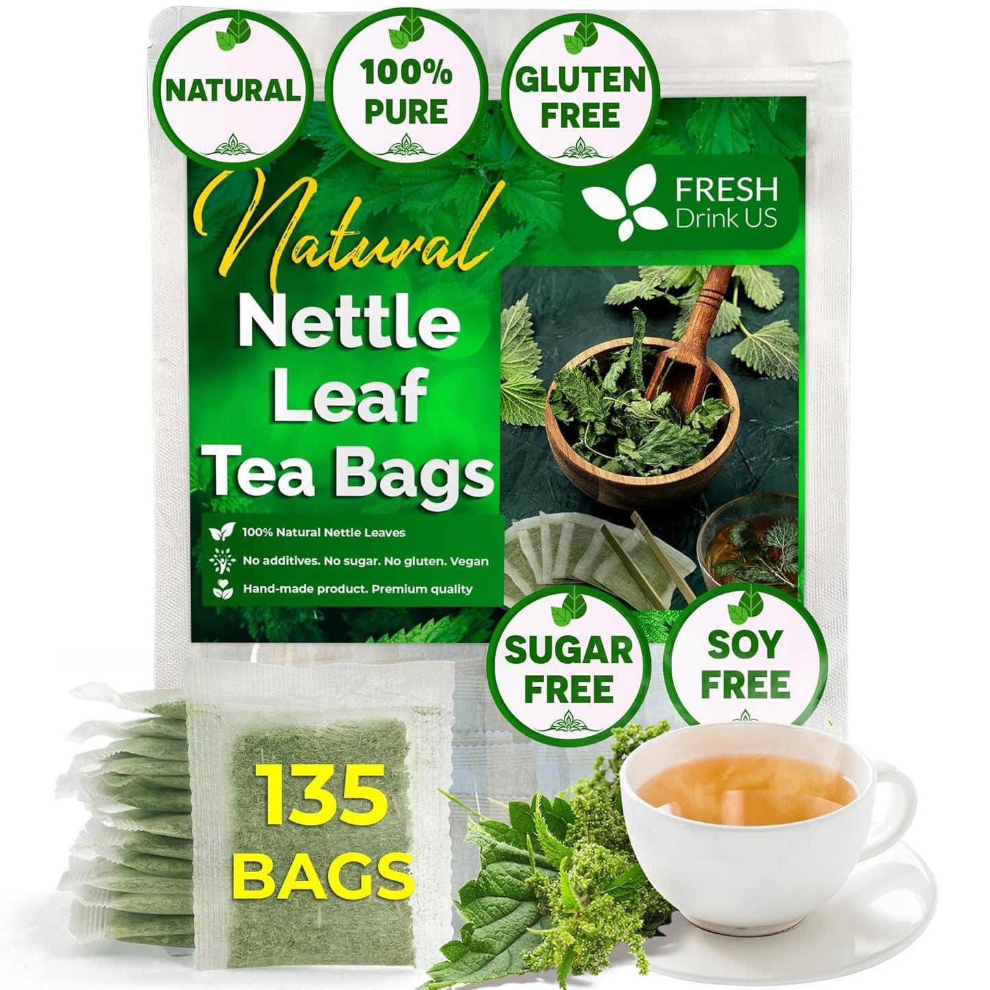 Premium Nettle Leaf Tea Bags, 100% Natural & Pure, Stinging Nettle Leaf Tea, Nettle Leaf Tea, Burn Nettle, Stinging Nettle, Nettle Tea, Stinger Tea, No Sugar/Caffeine & Gluten, Vegan