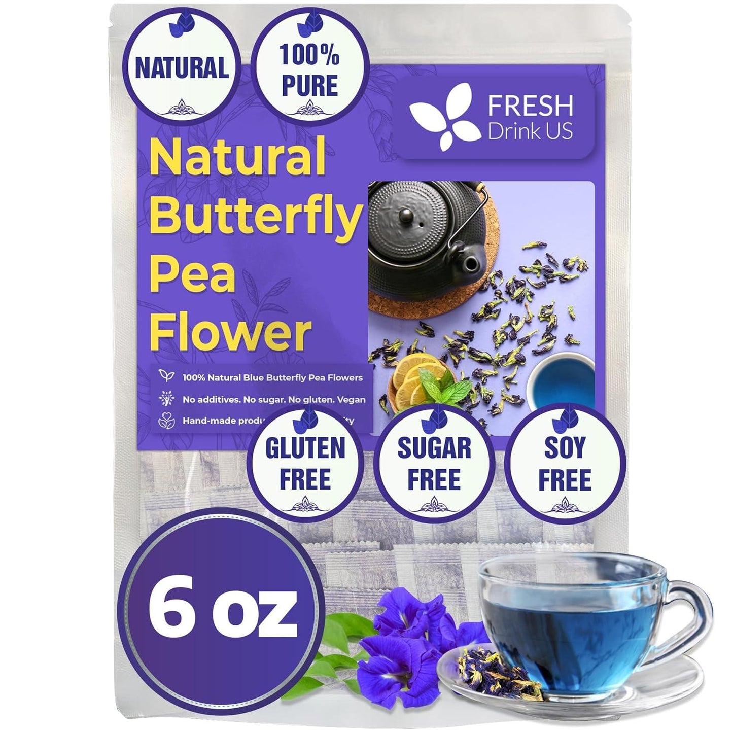 Premium Butterfly Pea Flowers, Tea Bags, 100% Natural and Pure from Butterfly Pea Flowers, Hand-made, Made With Natural Materials-Corn Fiber Tea Bag, Sugar/Caffeine/Gluten Free